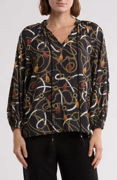 Gemma + Jane Balloon Sleeve Peasant Top In Black Chain Print