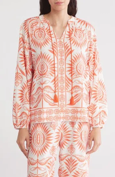 Gemma + Jane Boarder Print Tie Neck Top In Orange