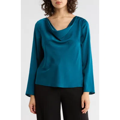 Gemma + Jane Cowl Neck Long Sleeve Satin Top In Blue