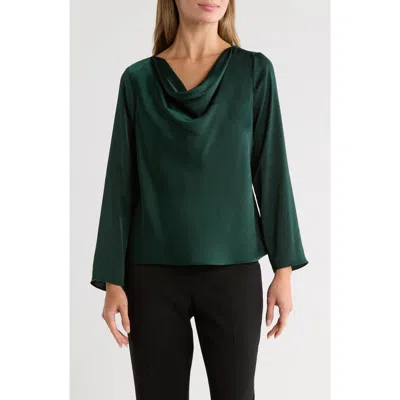 Gemma + Jane Cowl Neck Long Sleeve Satin Top In Green