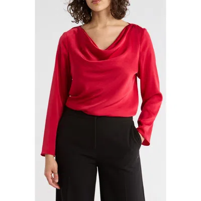 Gemma + Jane Cowl Neck Long Sleeve Satin Top In Red