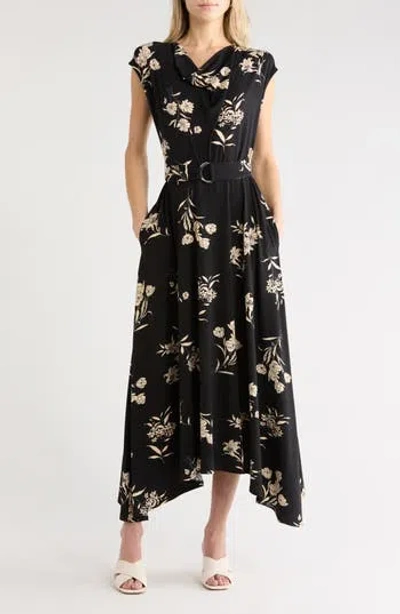 Gemma + Jane Drape Asymmetric Midi Dress In Black