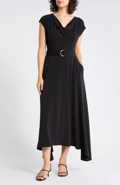 Gemma + Jane Drape Asymmetric Midi Dress In Black
