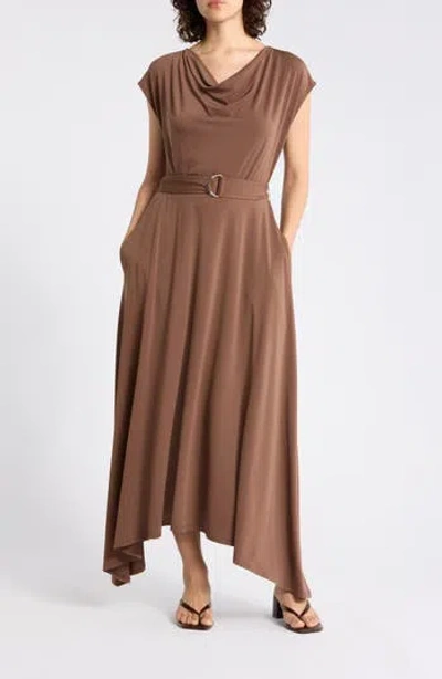 Gemma + Jane Drape Asymmetric Midi Dress In Brown
