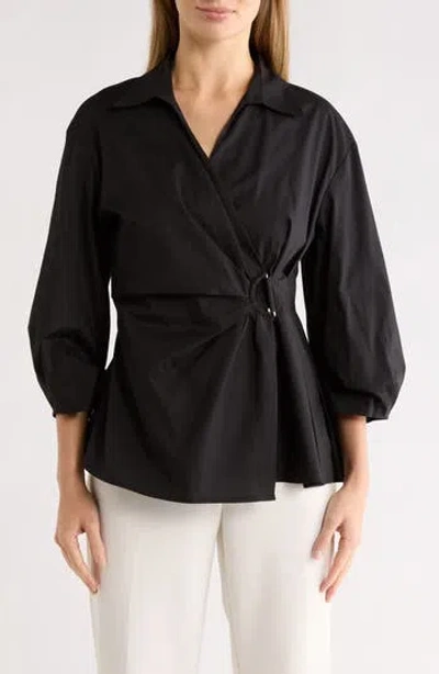 Gemma + Jane Draped D-ring Faux Wrap Top In Black