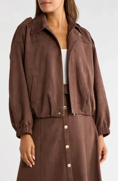 Gemma + Jane Faux Suede Bomber Jacket In Brown