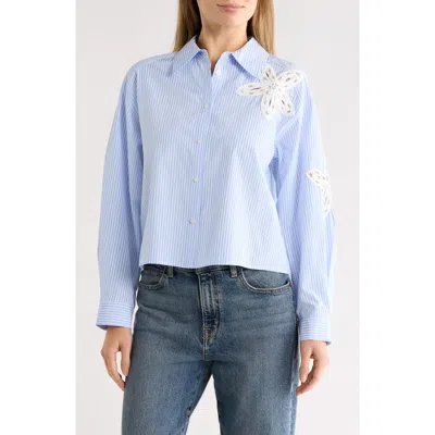 Gemma + Jane Floral Appliqué High-low Button-up Shirt In Blue