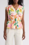 Gemma + Jane Floral Cap Sleeve Peplum Top In Orange/yellow Multi