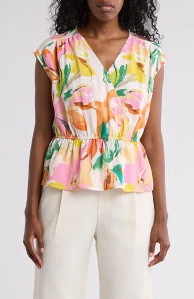 Gemma + Jane Floral Cap Sleeve Peplum Top In Orange/yellow Multi