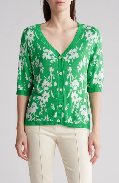 Gemma + Jane Floral Jacquard Elbow Sleeve Cardigan In Kelly Green/ White
