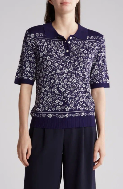 Gemma + Jane Floral Jacquard Sweater Polo In Navy/ White