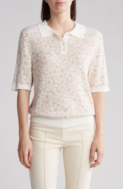 Gemma + Jane Floral Jacquard Sweater Polo In White/ Sand