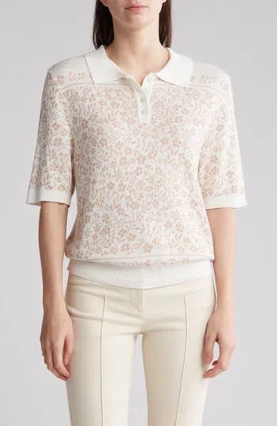 Gemma + Jane Floral Jacquard Sweater Polo In White/sand