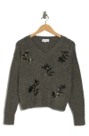 Gemma + Jane Floral Sequin V-neck Sweater In Gray
