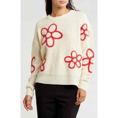 Gemma + Jane Flower Embroidered Sweater In Ivory/red