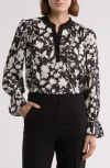 Gemma + Jane Georgette Button Front Top In Black And White Floral