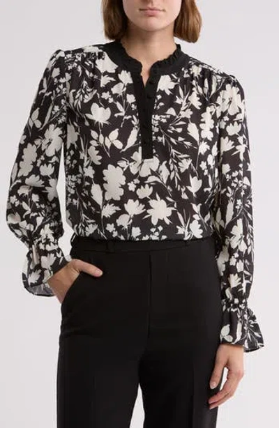 Gemma + Jane Georgette Button Front Top In Black And White Floral