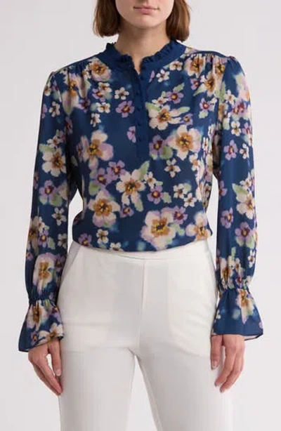 Gemma + Jane Georgette Button Front Top In Navy Floral