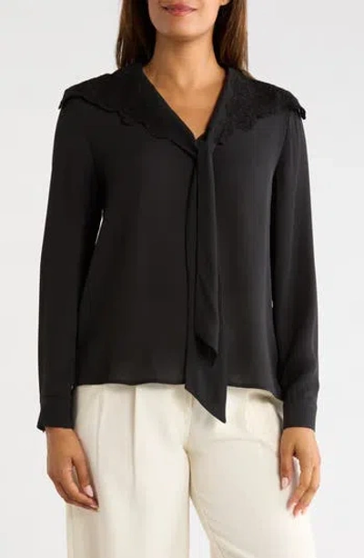 Gemma + Jane Lace Collar Tie Neck Top In Black