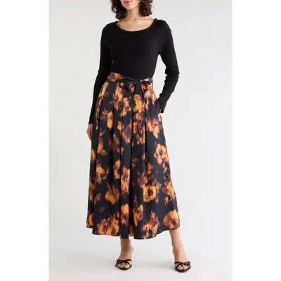 Gemma + Jane Layered Look Tie Waist Long Sleeve Maxi Dress In Multi
