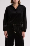 Gemma + Jane Long Sleeve Drawstring Waist Corduroy Top In Black
