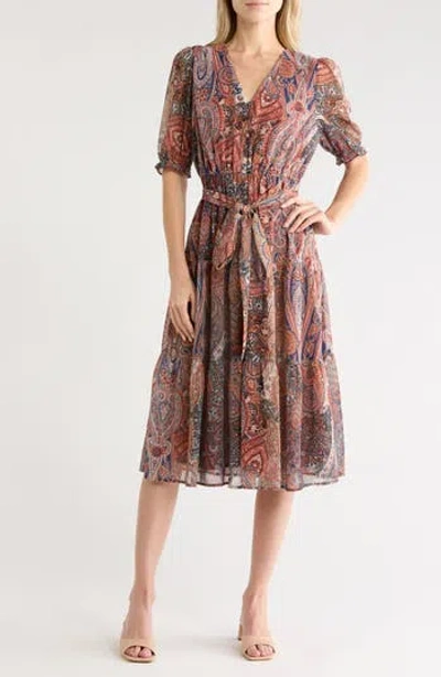 Gemma + Jane Paisley Tie Waist Midi Dress In Multi