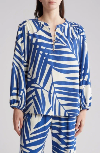 Gemma + Jane Palm Print Long Sleeve Top In Cream/ Blue