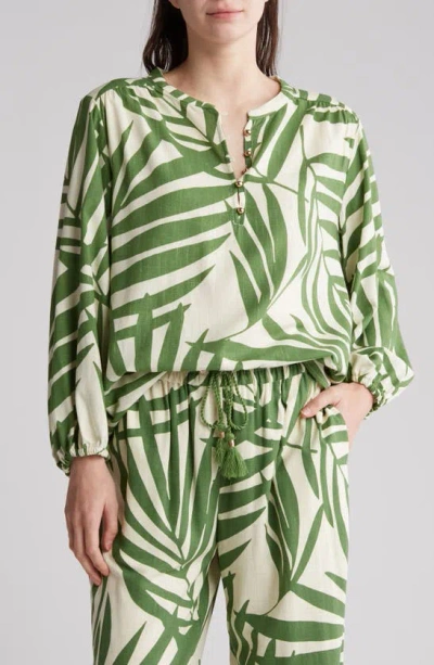 Gemma + Jane Palm Print Long Sleeve Top In Cream/ Green