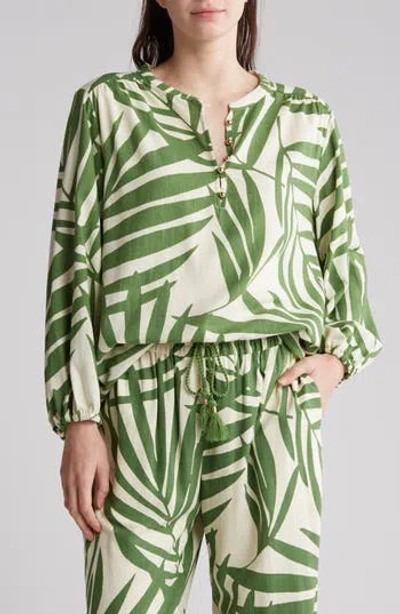Gemma + Jane Palm Print Long Sleeve Top In Cream/green