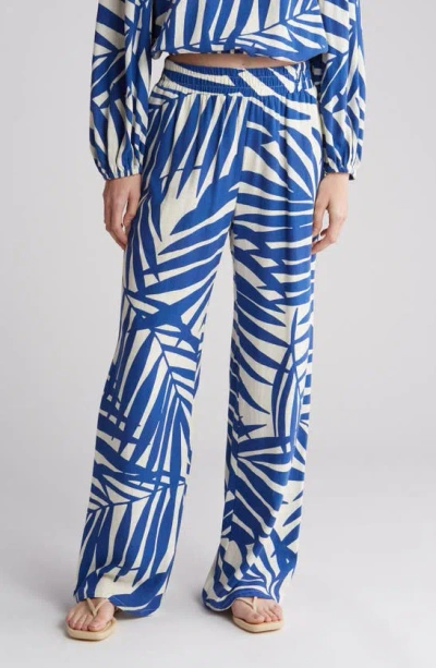 Gemma + Jane Palm Print Pull-on Pants In Cream/ Blue
