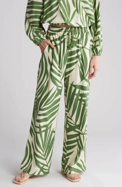 Gemma + Jane Palm Print Pull-on Pants In Cream/ Green