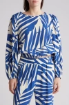 Gemma + Jane Palm Print Ruffle Long Sleeve Top In Cream/ Blue