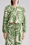 Gemma + Jane Palm Print Ruffle Long Sleeve Top In Cream/ Green