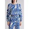 Gemma + Jane Palm Print Ruffle Long Sleeve Top In Cream/blue
