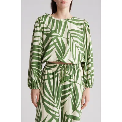 Gemma + Jane Palm Print Ruffle Long Sleeve Top In Cream/green