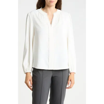 Gemma + Jane Pom Trim V Neck Blouse In Ivory
