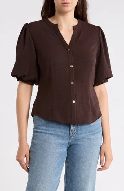 Gemma + Jane Puff Sleeve Button-up Top In Brown