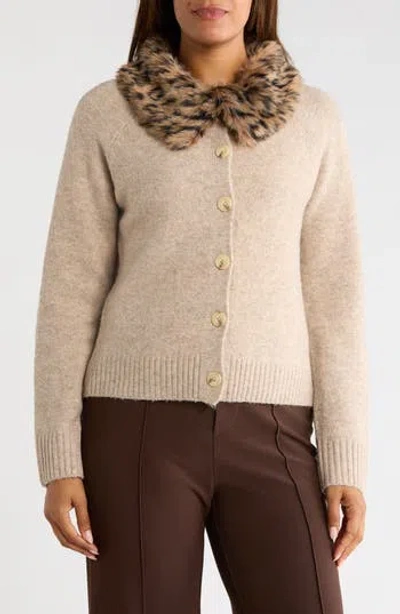 Gemma + Jane Removable Faux Fur Collar Cardigan In Neutral