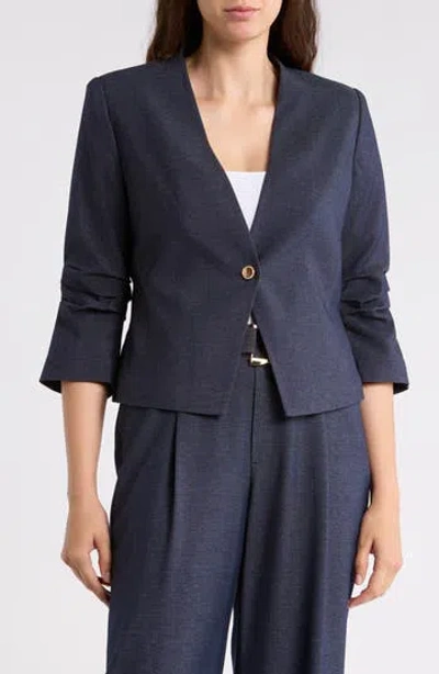 Gemma + Jane Ruched Sleeve One-button Blazer In Blue