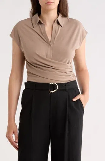 Gemma + Jane Ruched Wrap-effect Knit Top In Brown