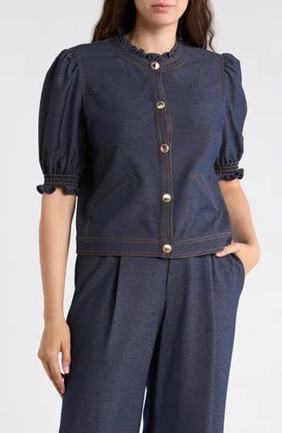 Gemma + Jane Ruffle Neck Puff Sleeve Top In Blue