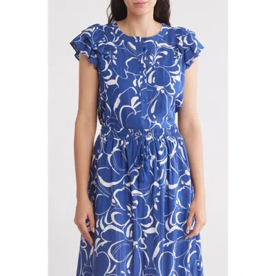 Gemma + Jane Ruffled Floral Top In Indigo/ivory