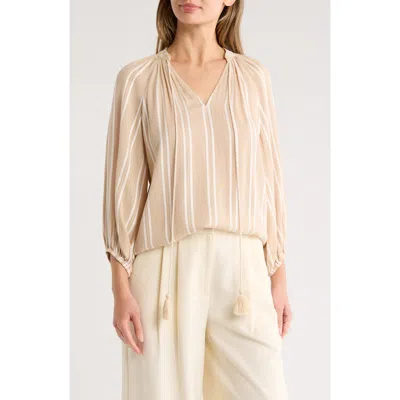 Gemma + Jane Stripe Woven Split Neck Top In Neutral