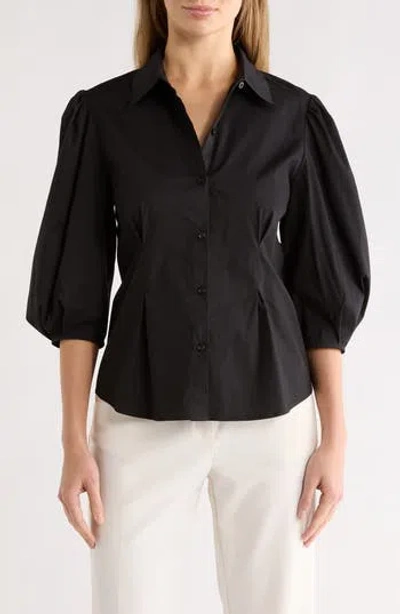 Gemma + Jane Three-quarter Sleeve Pleated Waist Button-up Shirt In Black