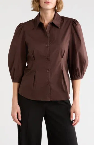 Gemma + Jane Three-quarter Sleeve Pleated Waist Button-up Shirt In Multi