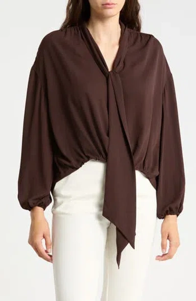 Gemma + Jane Tie Neck Draped Blouse In Dark Chocolate