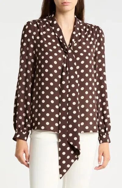 Gemma + Jane Tie Neck Georgette Top In Chocolate/ivory Dot