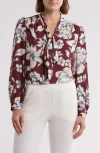 Gemma + Jane Tie Neck Georgette Top In Wine Floral