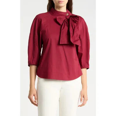 Gemma + Jane Tie Neck Puff Sleeve Top In Red