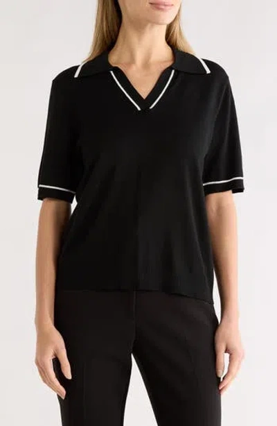 Gemma + Jane Tipped Johnny Collar Polo Sweater In Black